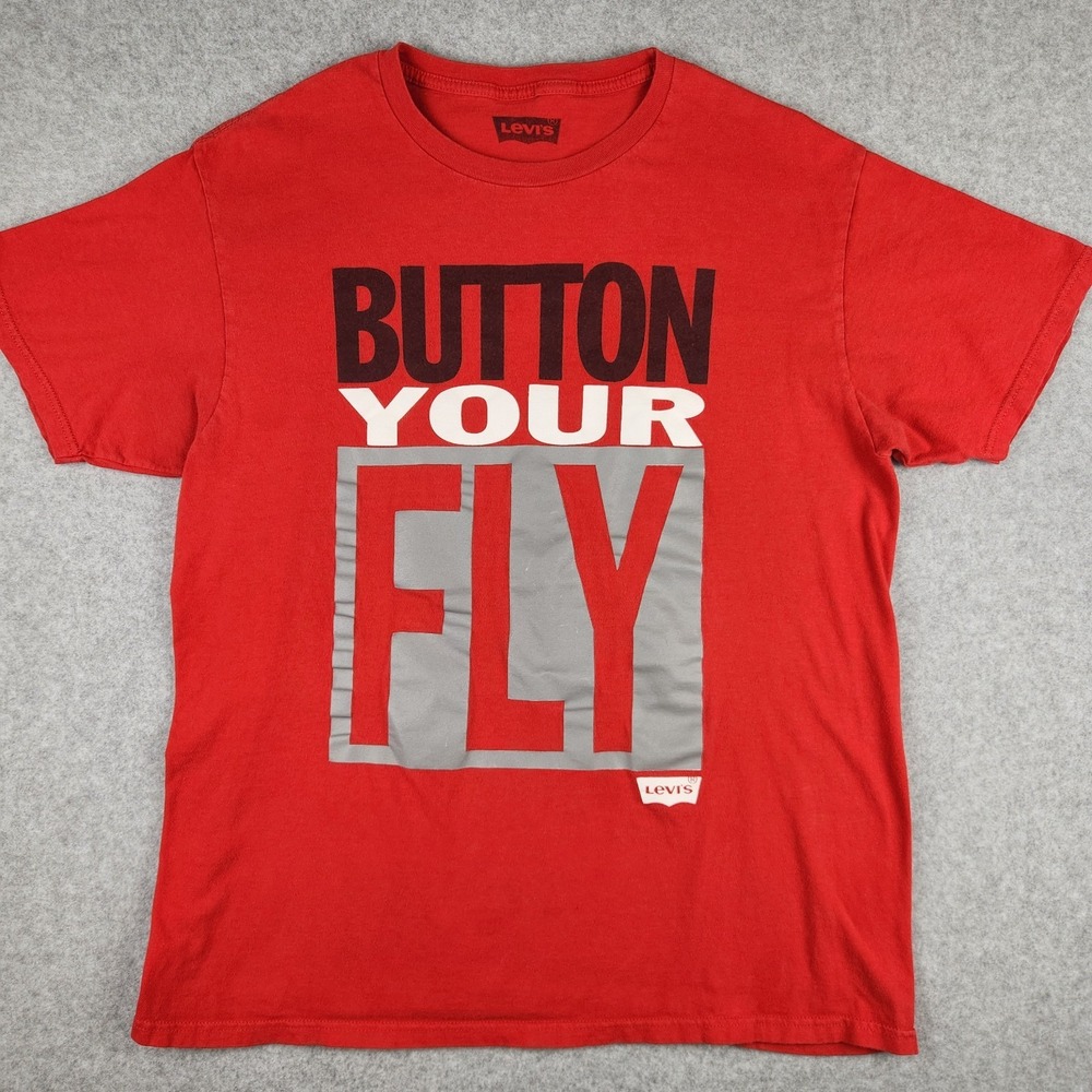 Vintage Levi's Button‎ Your Fly T-Shirt Men's Large Red Graphic Tee